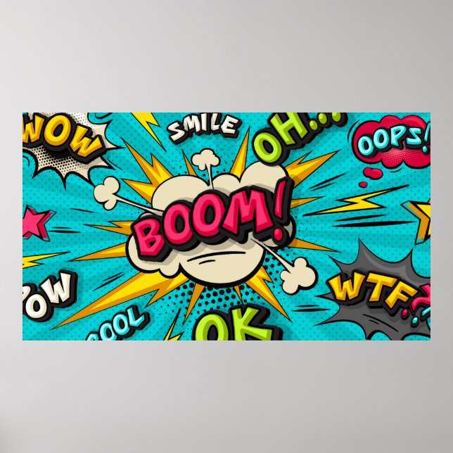 Poster Bouillonnante bulle de pop art. Souriez, wow, pow, (Devant)