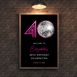 Poster Boule de Disco Rose Néon Noir Quarantième 40e Anni