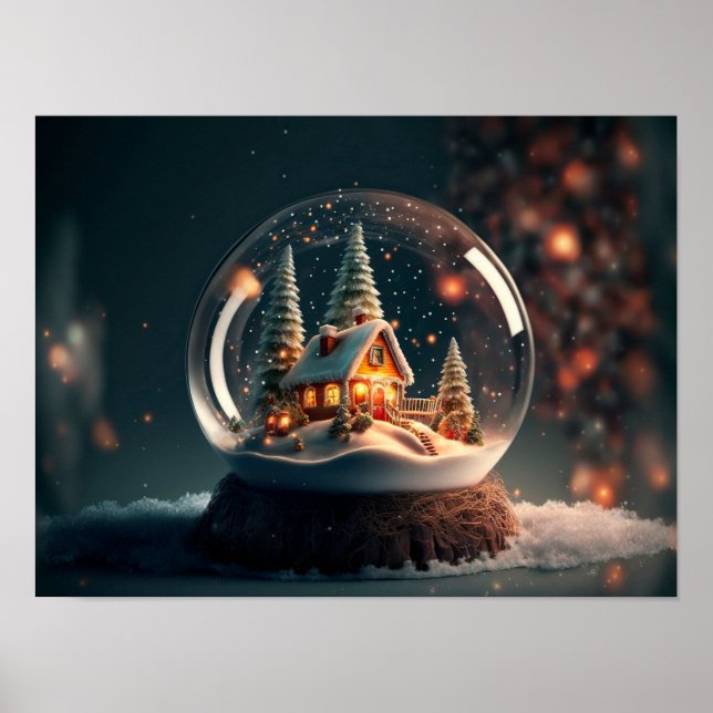 Poster Boule de neige avec arbre de Noël et maison à l'in (Devant)