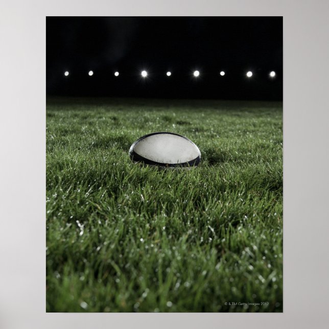 Poster Boule de rugby assise sur le terrain d'une pelouse (Devant)