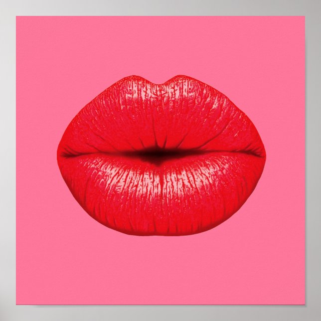 Poster Boule rouge lèvres pop art sur poule rose (Devant)