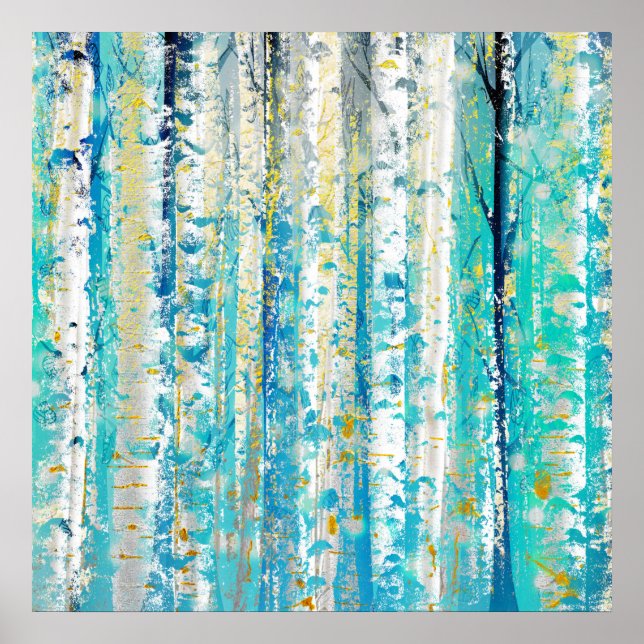 Poster Bouleau Turquoise Abstrait et Grunge Or (Devant)