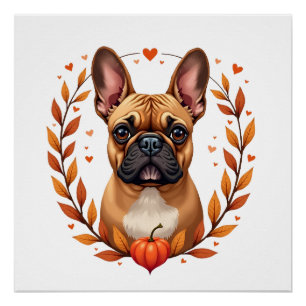 Poster Bouledogue français vintage avec couronne de feuil