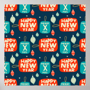 Poster Boules de Noël et ornements motif vintage retour