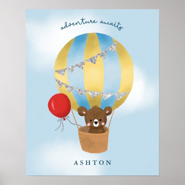 Poster Boulon à air chaud mignon Teddy Bear Bleu (Devant)