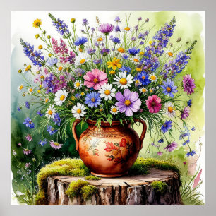 Poster Bouquet aquarellé de fleurs sauvages dans un vase