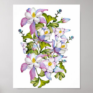 Poster Bouquet coloré d'aquarelle de columbine et vert