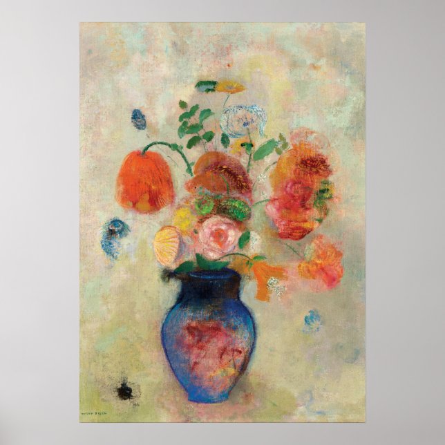 Poster Bouquet dans un vase bleu par Odilon Redon (Devant)