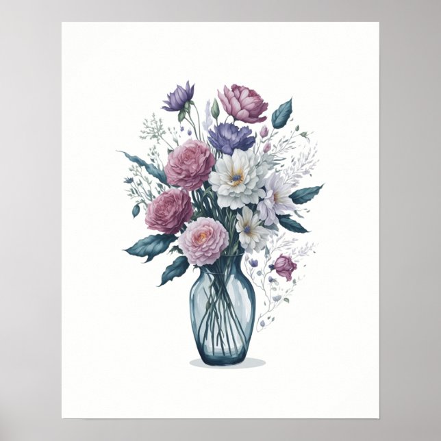 Poster Bouquet d'aquarelle de fleurs dans Vase de verre (Devant)