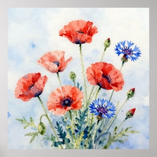 Poster Bouquet de coquelicot rouge aquarelle et de bleuet