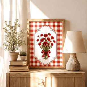 Poster Bouquet de coquelicots au ruban rouge Cottagecore