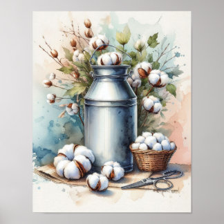 Poster Bouquet de coton dans un bidon de lait