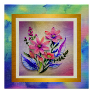 Poster Bouquet de fleurs à l'aquarelle, fond coloré