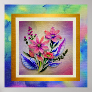Poster Bouquet de fleurs à l'aquarelle, fond coloré