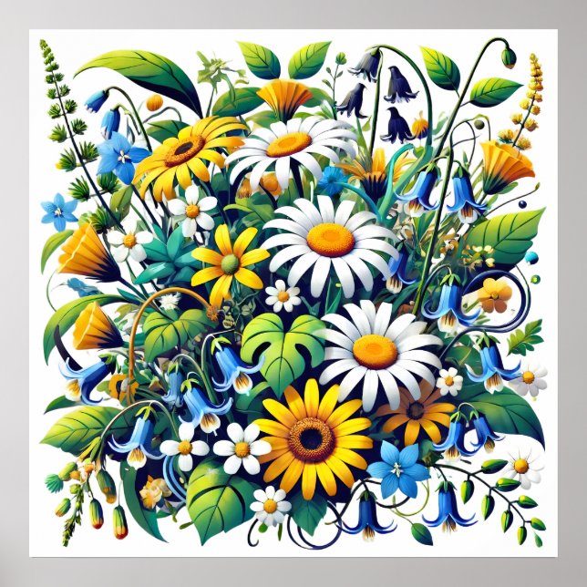Poster Bouquet de fleurs aux murs de marguerites blanches (Devant)