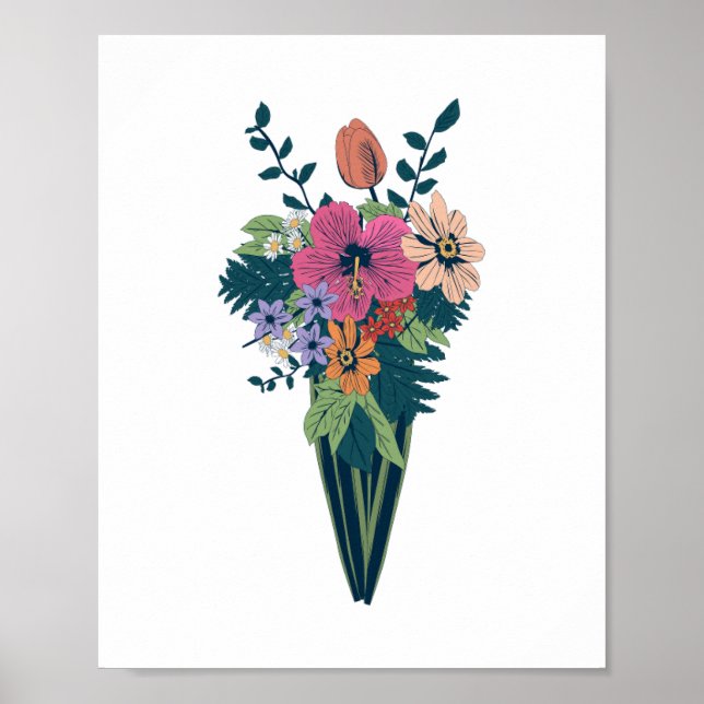 Poster Bouquet de fleurs colorées dans un vase conique (Devant)