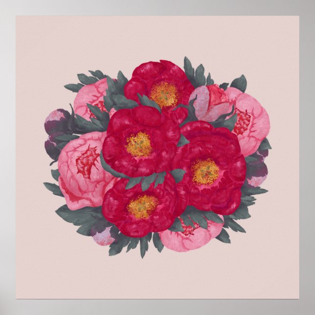 Poster Bouquet de fleurs de pivoines Botanique rouge rose (Devant)