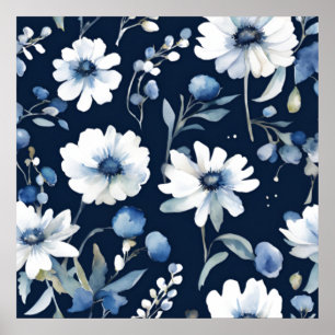 Poster Bouquet de fleurs élégant aquarelle bleue