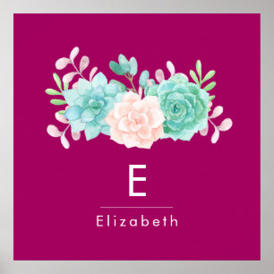 Poster Bouquet de fleurs rose et vert Pastel sur Magenta 