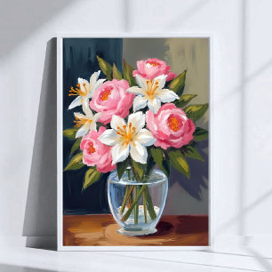 Poster Bouquet de lys et de roses   Vase aquarelle floral