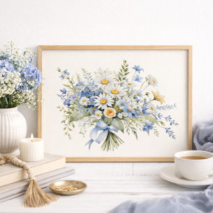 Poster Bouquet de marguerites sauvages bleues et blanches
