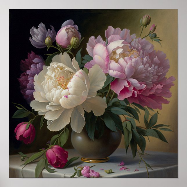 Poster Bouquet De Pies Dans Un Vase Sur Table (Devant)
