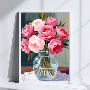 Poster Bouquet de pivoines   Fleurs rose aquarelle en vas