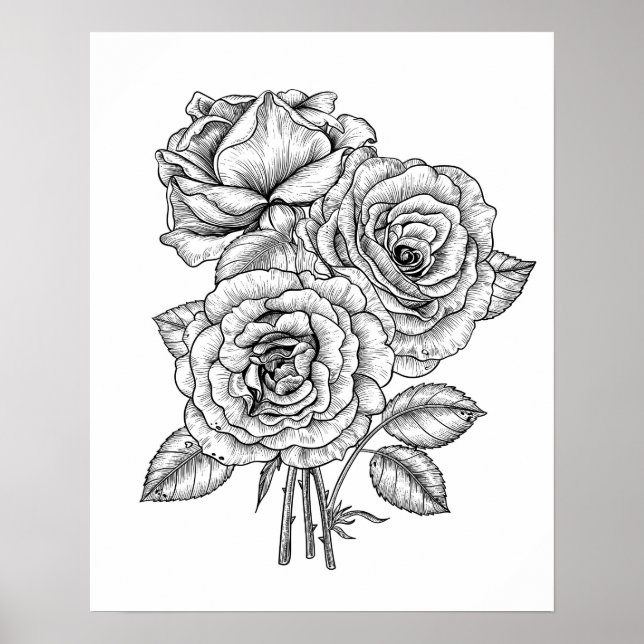 Poster Bouquet de roses en noir et blanc (Devant)