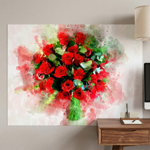 Poster Bouquet de roses rouges aquarelle sur fond blanc