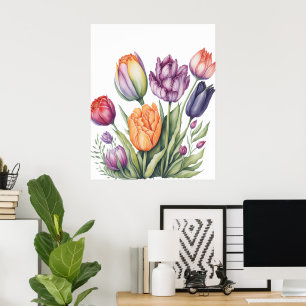Poster Bouquet de tulipes à l'aquarelle vibrant 