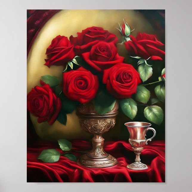 Poster Bouquet élégant botanique Roses rouges (Devant)