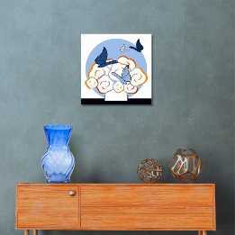 Poster Bouquet et papillons bleu et orange Carré