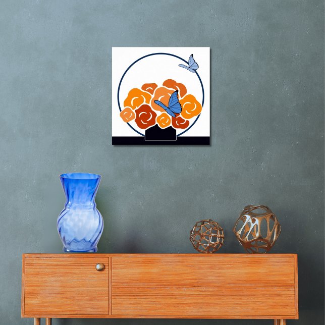 Poster Bouquet orange et papillons bleus Carré (Blue & Orange Bouquet & Butterflies Square Poster, Entryway)
