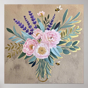 Poster Bouquet pivoines fleurs de lavande rustique