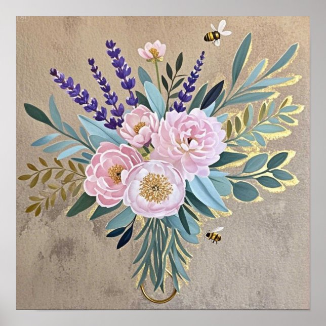 Poster Bouquet pivoines fleurs de lavande Rustique (Devant)