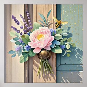 Poster Bouquet pivoines fleurs de lavande rustique