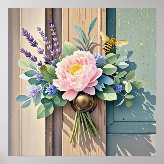 Poster Bouquet pivoines fleurs de lavande Rustique (Devant)