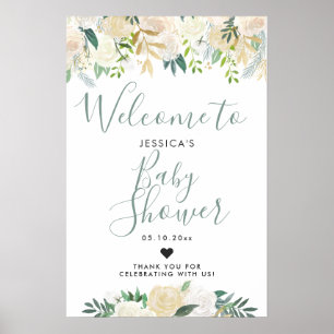 Poster Bouquet Rose blanche   BABY SHOWER   Bienvenue