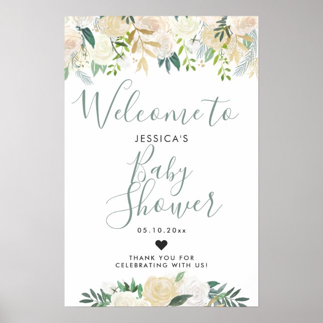 Poster Bouquet Rose blanche | BABY SHOWER | Bienvenue (Devant)
