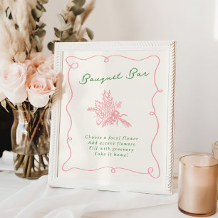 Poster Bouquet Tiré à la main en blanc rose et vert