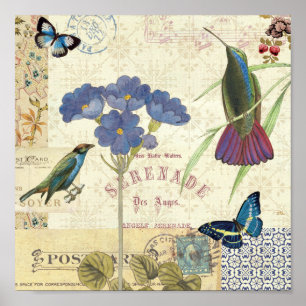 Poster Bouquet vintage de fleurs, oiseaux et papillons