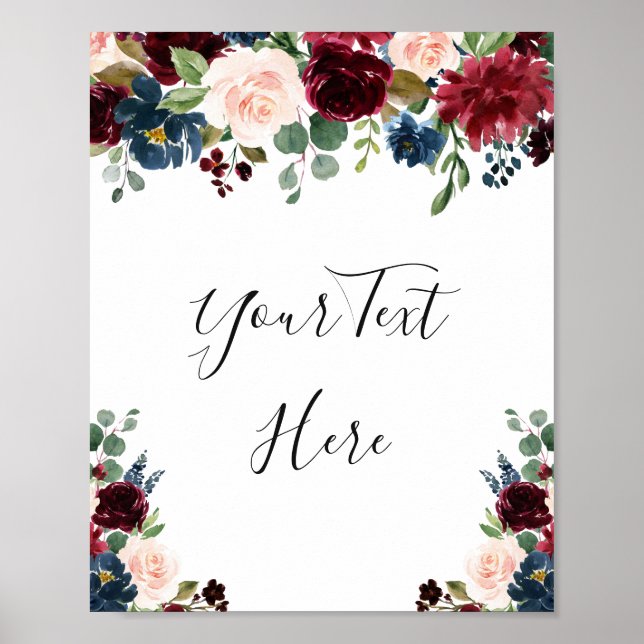 Poster Bourgogne Bleu Nuit Blush Floral Aquarelle (Devant)