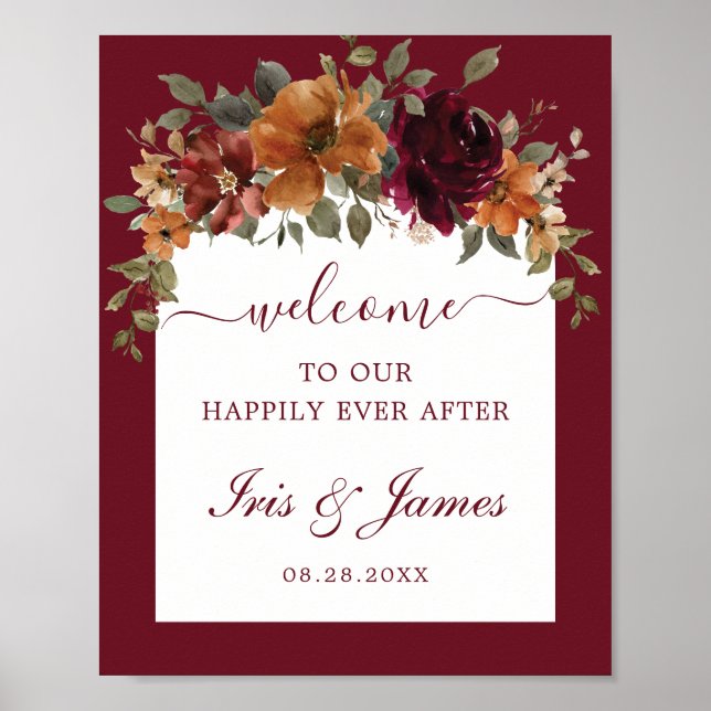 Poster Bourgogne Brûlé Orange Floral Arch Mariage Bienven (Devant)