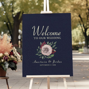Poster Bourgogne et Bleu de Nuit Floral Accueil de Mariag