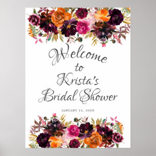 Poster Bourgogne et orange floral Bienvenue Bridal Shower