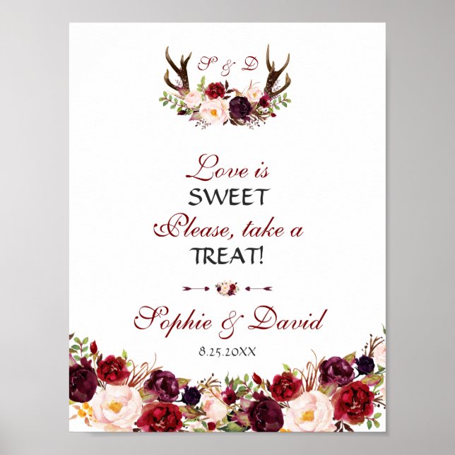Poster Bourgogne Floral Antlers L'amour est doux Prenez u (Devant)