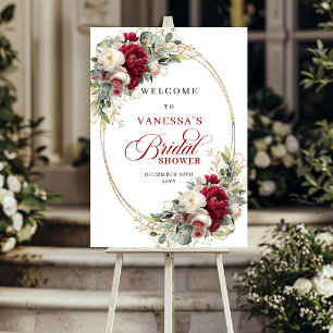 Poster Bourgogne floral blanc or verdure douche de mariée