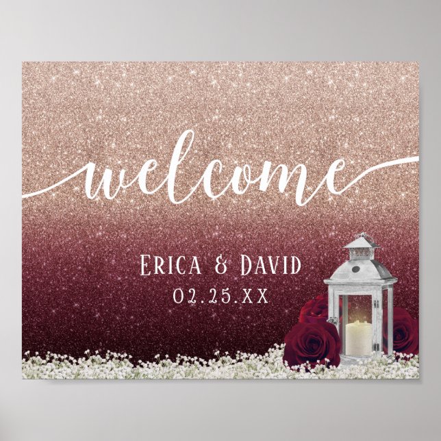 Poster Bourgogne Floral Lanterne Rose Gold Mariage Bienve (Devant)