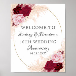 Poster Bourgogne Floral Mariage Anniversaire Pampas Bienv