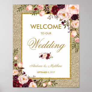 Poster Bourgogne Floral Parties scintillant Mariage Accue